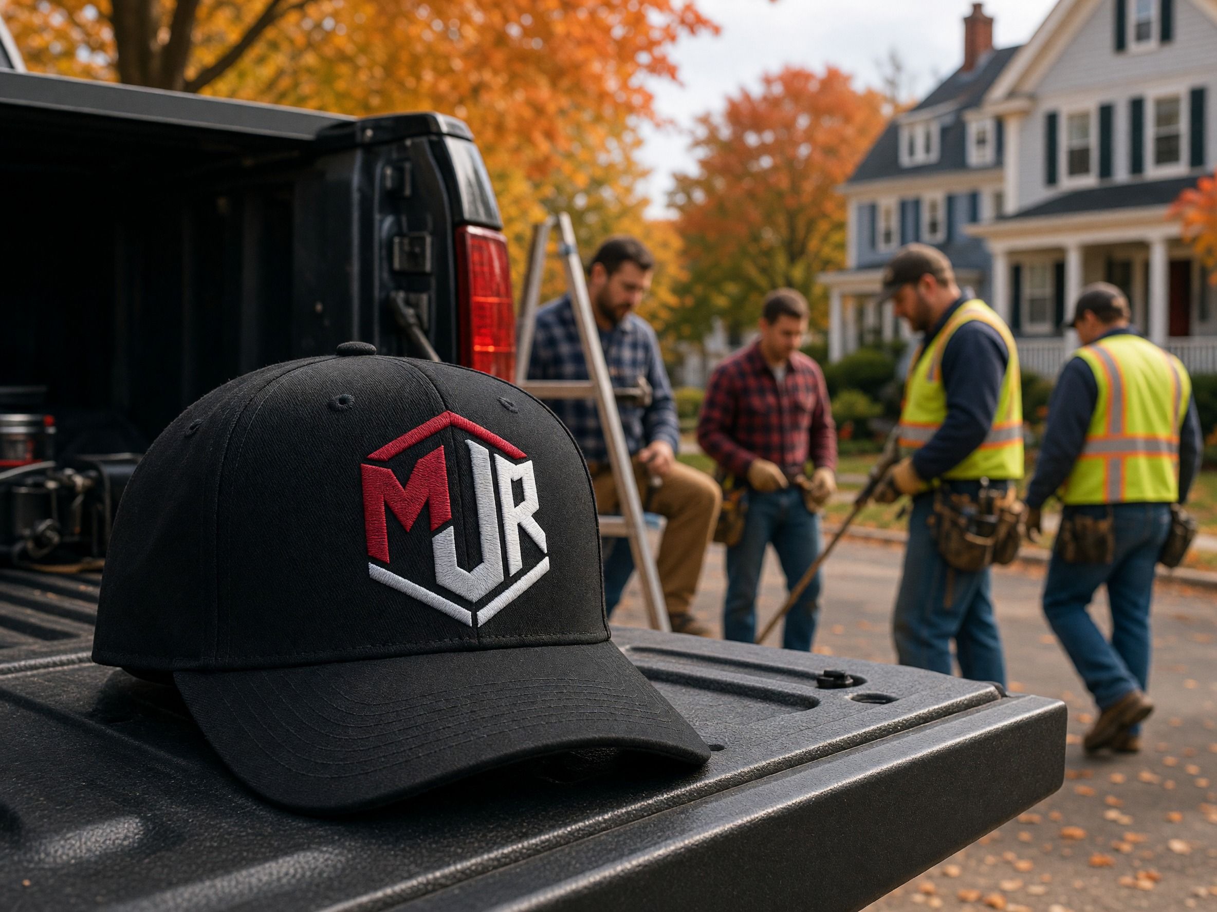 Black cap with the MJR hexagon logo on a pickup tailgate, with contractors in safety vests working on a house in the fall