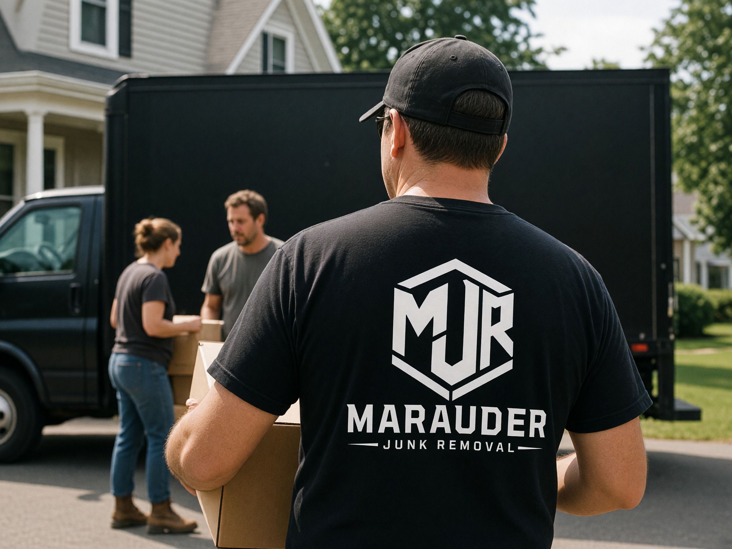Crew member in a black Marauder T-shirt carrying a box toward the truck while two homeowners load boxes